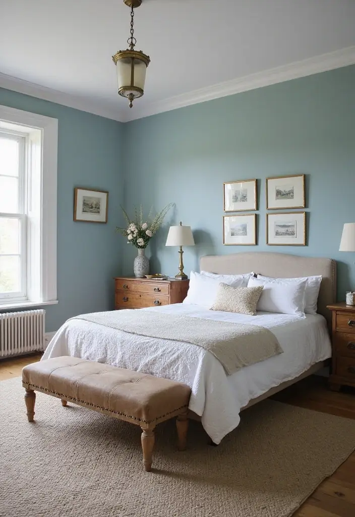 27 Duck Egg Blue Bedroom Ideas That Feel Timeless and Peaceful - 25. Duck Egg Blue with Farmhouse Flair