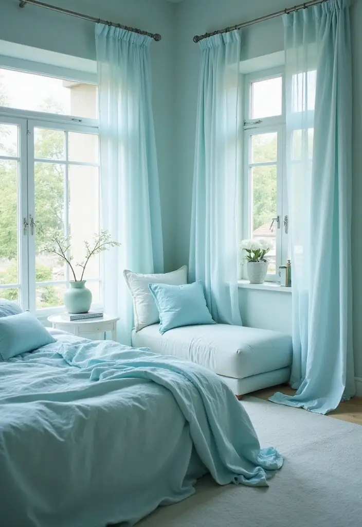 27 Duck Egg Blue Bedroom Ideas That Feel Timeless and Peaceful - 27. Duck Egg Blue with Translucent Fabrics