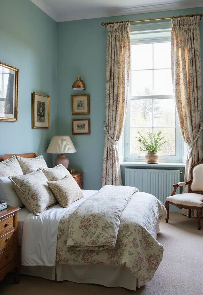 27 Duck Egg Blue Bedroom Ideas That Feel Timeless and Peaceful - 4. Duck Egg Blue with Vintage Florals