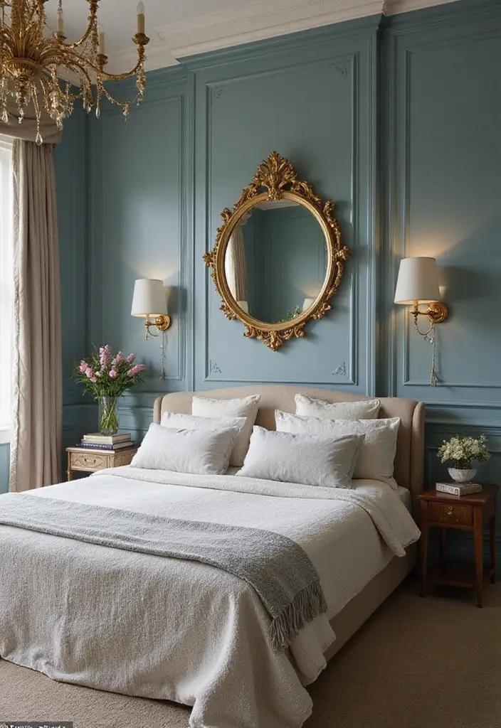 27 Duck Egg Blue Bedroom Ideas That Feel Timeless and Peaceful - 7. Elegant Duck Egg Blue and Gold