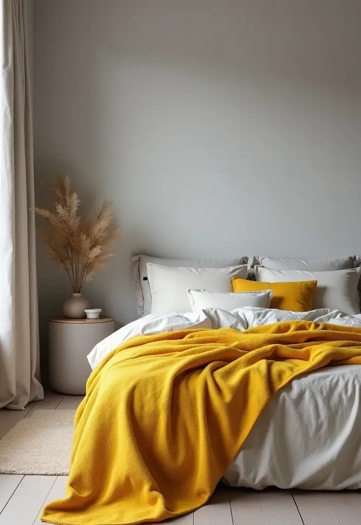 27 Grey and Yellow Bedroom Ideas That Add Cheerful Warmth - 1. Soft Grey Walls with Bright Yellow Throws