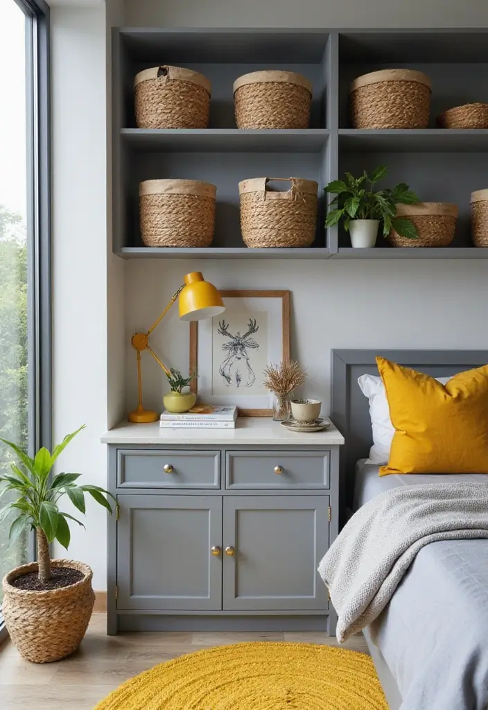 27 Grey and Yellow Bedroom Ideas That Add Cheerful Warmth - 10. Functional Grey and Yellow Storage