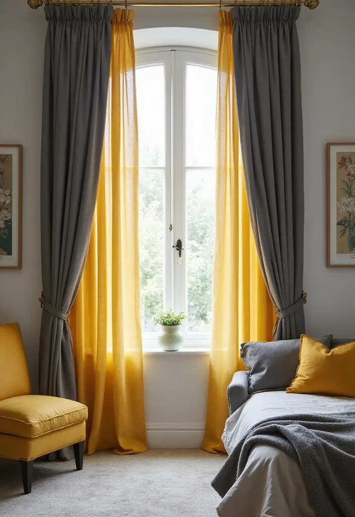 27 Grey and Yellow Bedroom Ideas That Add Cheerful Warmth - 12. Grey and Yellow Curtains