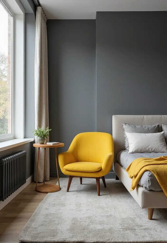 27 Grey and Yellow Bedroom Ideas That Add Cheerful Warmth - 13. Yellow Accent Furniture