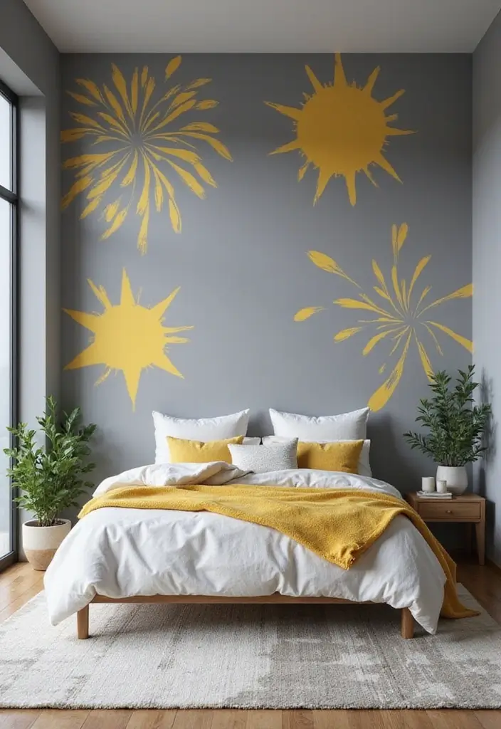 27 Grey and Yellow Bedroom Ideas That Add Cheerful Warmth - 14. Grey and Yellow Accent Walls with Stencils