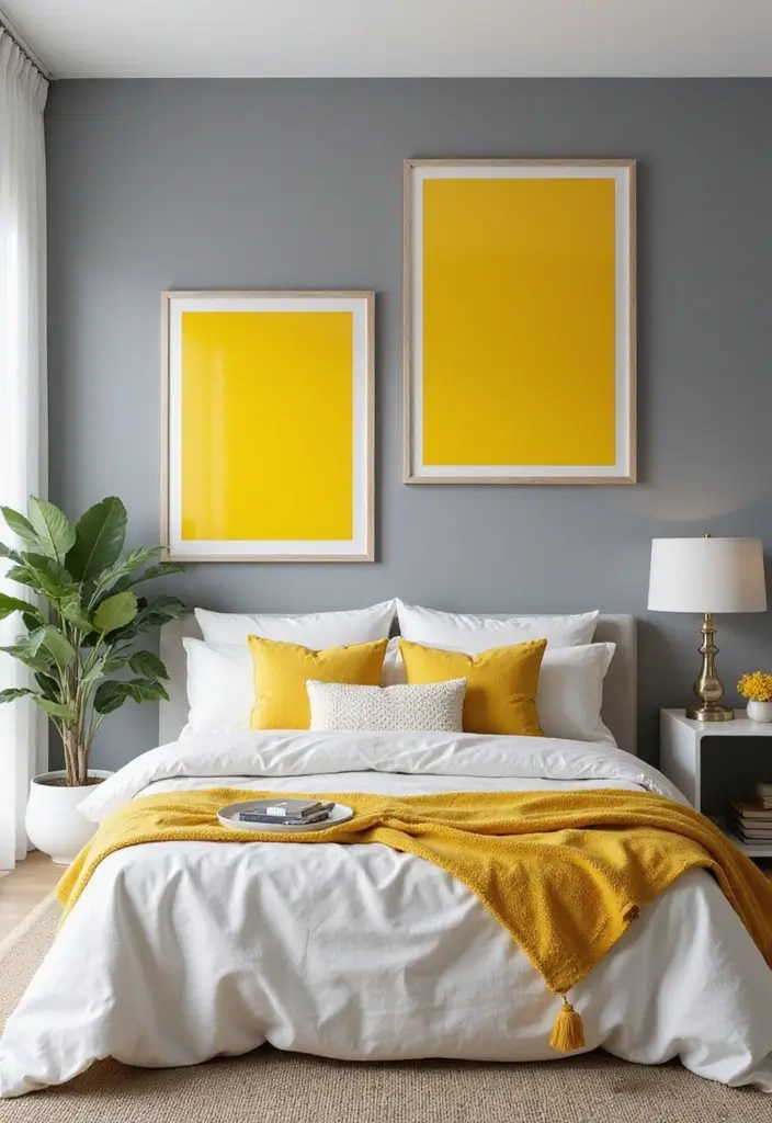 27 Grey and Yellow Bedroom Ideas That Add Cheerful Warmth - 15. Cheerful Yellow Artwork