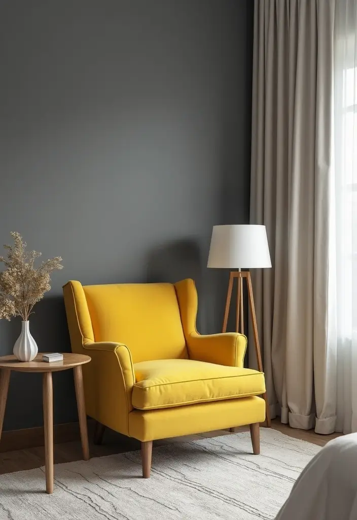 27 Grey and Yellow Bedroom Ideas That Add Cheerful Warmth - 16. Yellow Accent Furniture Pieces