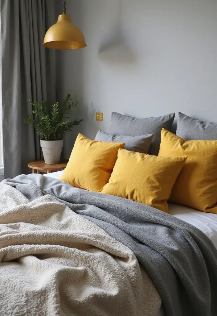 27 Grey and Yellow Bedroom Ideas That Add Cheerful Warmth - 17. Layered Grey and Yellow Textiles