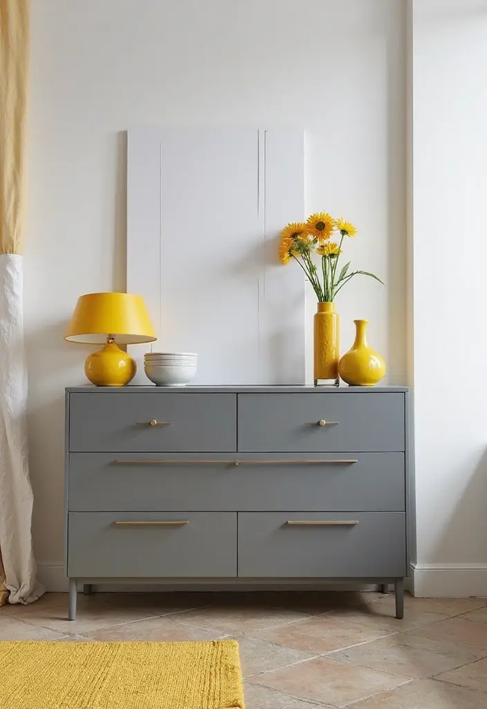 27 Grey and Yellow Bedroom Ideas That Add Cheerful Warmth - 19. Modern Grey Dresser with Yellow Accents