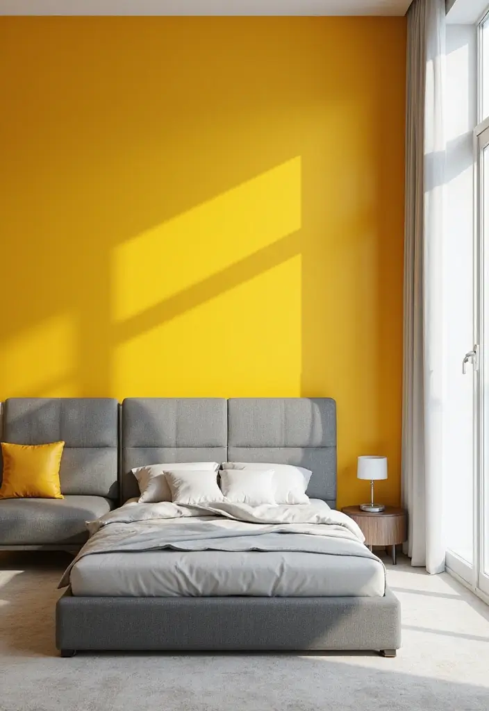 27 Grey and Yellow Bedroom Ideas That Add Cheerful Warmth - 2. Statement Yellow Accent Wall