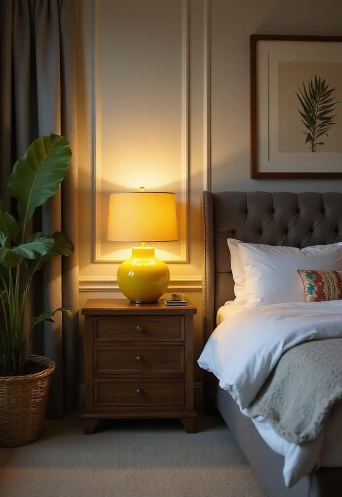 27 Grey and Yellow Bedroom Ideas That Add Cheerful Warmth - 20. Warm Yellow Bedside Lamps