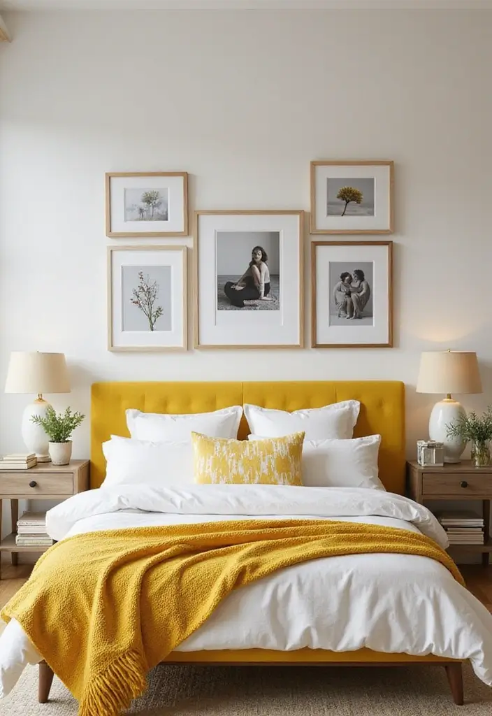 27 Grey and Yellow Bedroom Ideas That Add Cheerful Warmth - 21. Yellow Accent Picture Frames