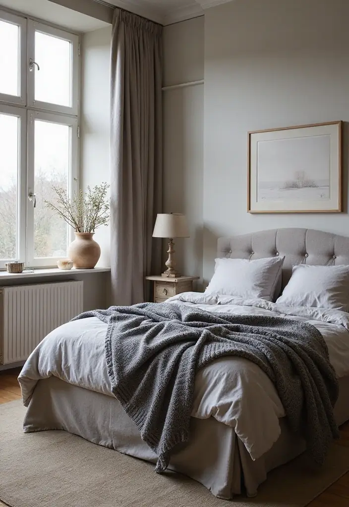 27 Grey and Yellow Bedroom Ideas That Add Cheerful Warmth - 23. Warm Grey Blankets