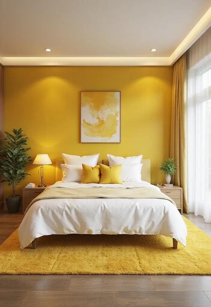 27 Grey and Yellow Bedroom Ideas That Add Cheerful Warmth - 24. Yellow Accent Wall Art