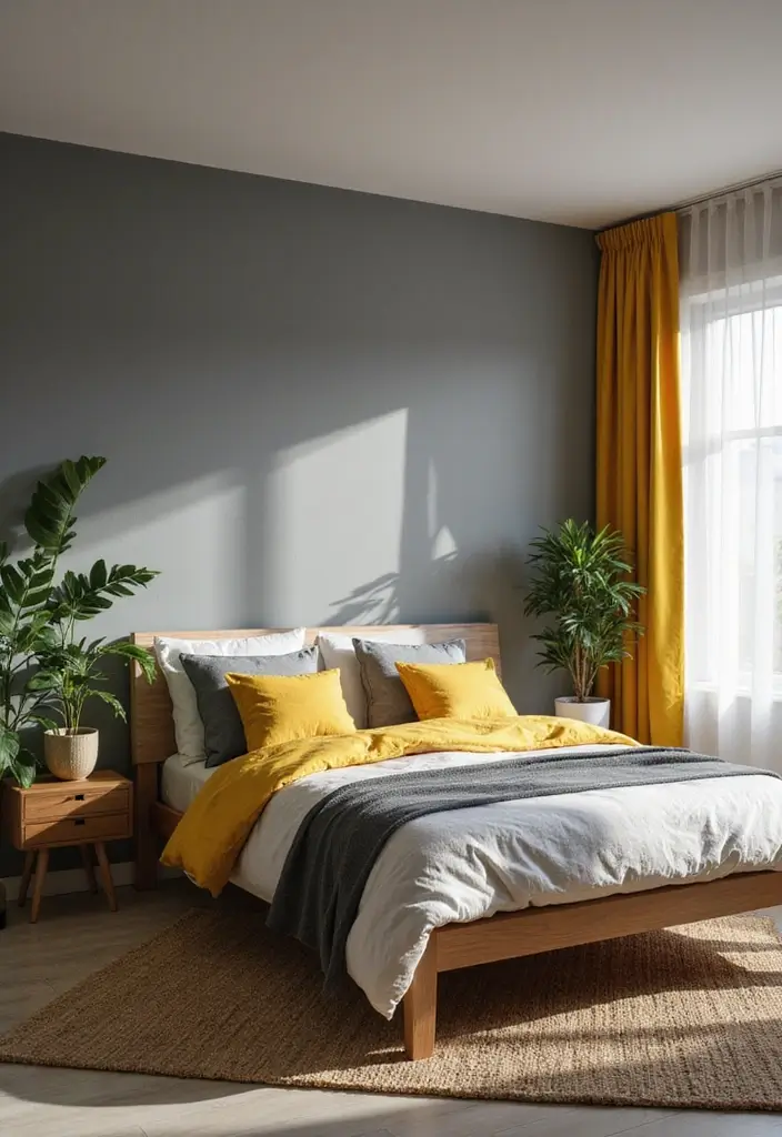 27 Grey and Yellow Bedroom Ideas That Add Cheerful Warmth - 25. Natural Elements with Grey and Yellow