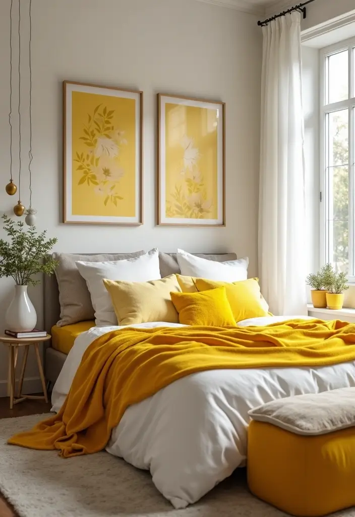 27 Grey and Yellow Bedroom Ideas That Add Cheerful Warmth - 26. Yellow Holiday Decor