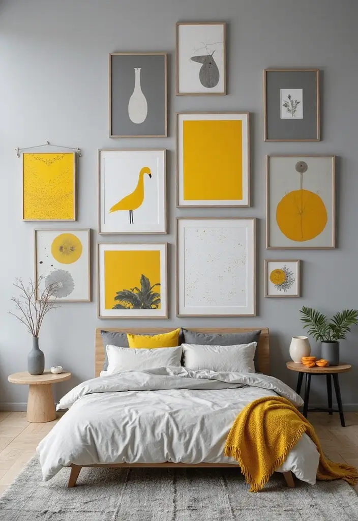 27 Grey and Yellow Bedroom Ideas That Add Cheerful Warmth - 4. Playful Wall Art