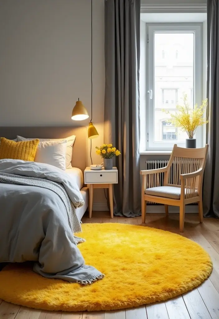 27 Grey and Yellow Bedroom Ideas That Add Cheerful Warmth - 5. Cheerful Yellow Rugs