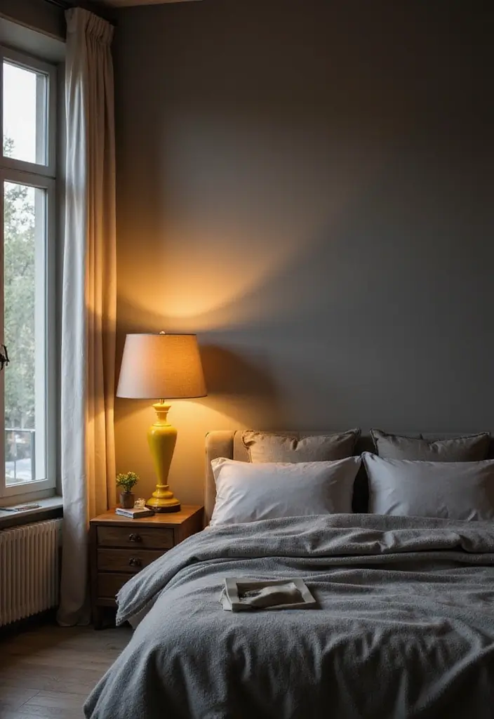 27 Grey and Yellow Bedroom Ideas That Add Cheerful Warmth - 6. Yellow Lamps for Ambient Lighting