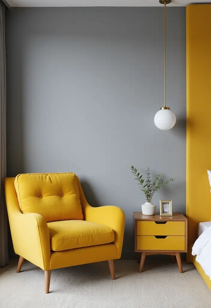 27 Grey and Yellow Bedroom Ideas That Add Cheerful Warmth - 7. Minimalist Yellow Furniture Pieces