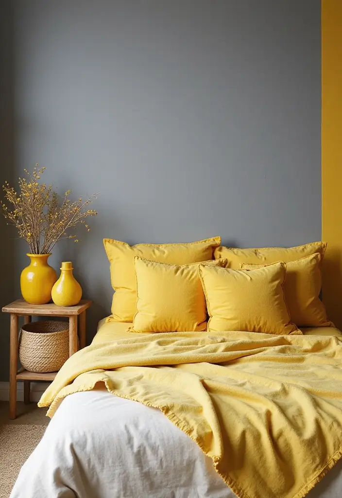 27 Grey and Yellow Bedroom Ideas That Add Cheerful Warmth - 9. Bright Yellow Decor Accents