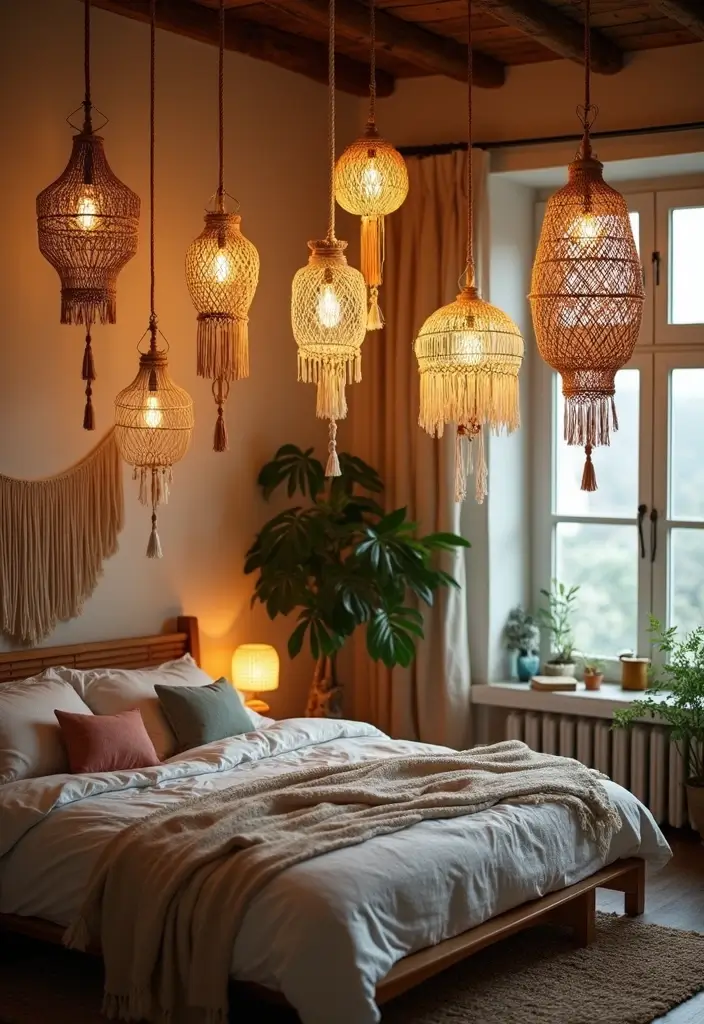 27 Hanging Lights in Bedroom Ideas That Add a Dreamy Glow - 1. Macramé Dream