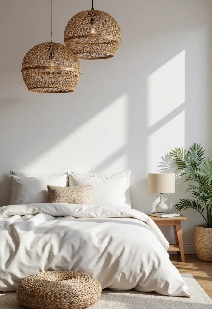 27 Hanging Lights in Bedroom Ideas That Add a Dreamy Glow - 12. Natural Fiber Pendants