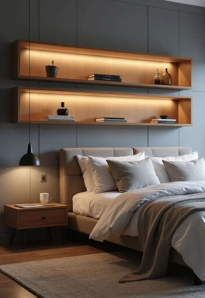 27 Hanging Lights in Bedroom Ideas That Add a Dreamy Glow - 13. Floating Shelves with Lights