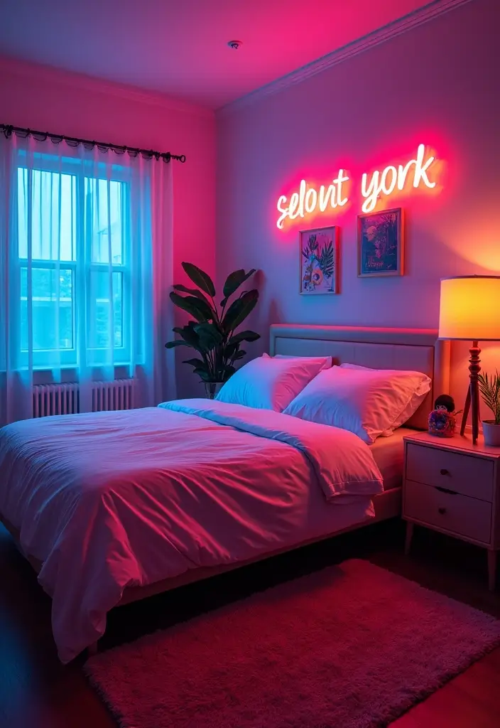 27 Hanging Lights in Bedroom Ideas That Add a Dreamy Glow - 16. Neon Accents