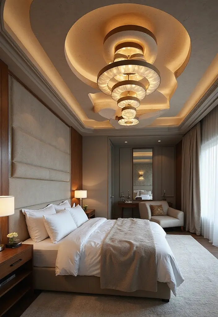 27 Hanging Lights in Bedroom Ideas That Add a Dreamy Glow - 21. Layered Ceiling Fixtures