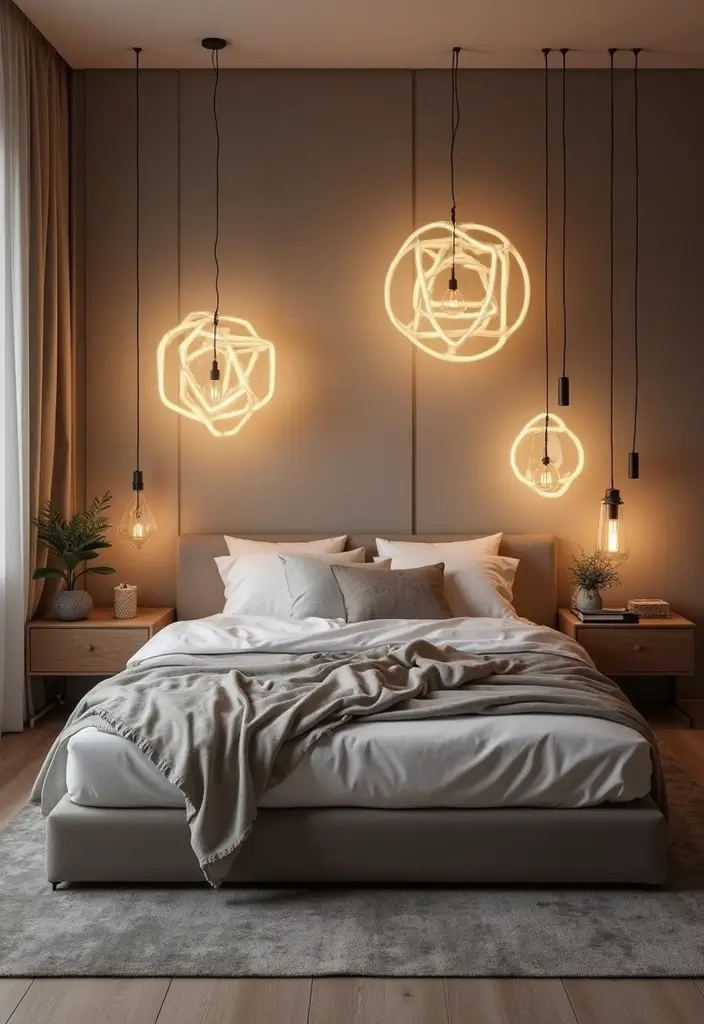 27 Hanging Lights in Bedroom Ideas That Add a Dreamy Glow - 24. Geometric Designs
