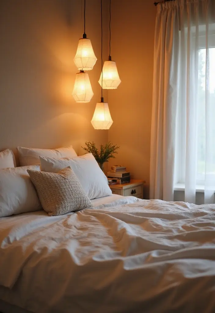 27 Hanging Lights in Bedroom Ideas That Add a Dreamy Glow - 26. Soft Fabric Shades