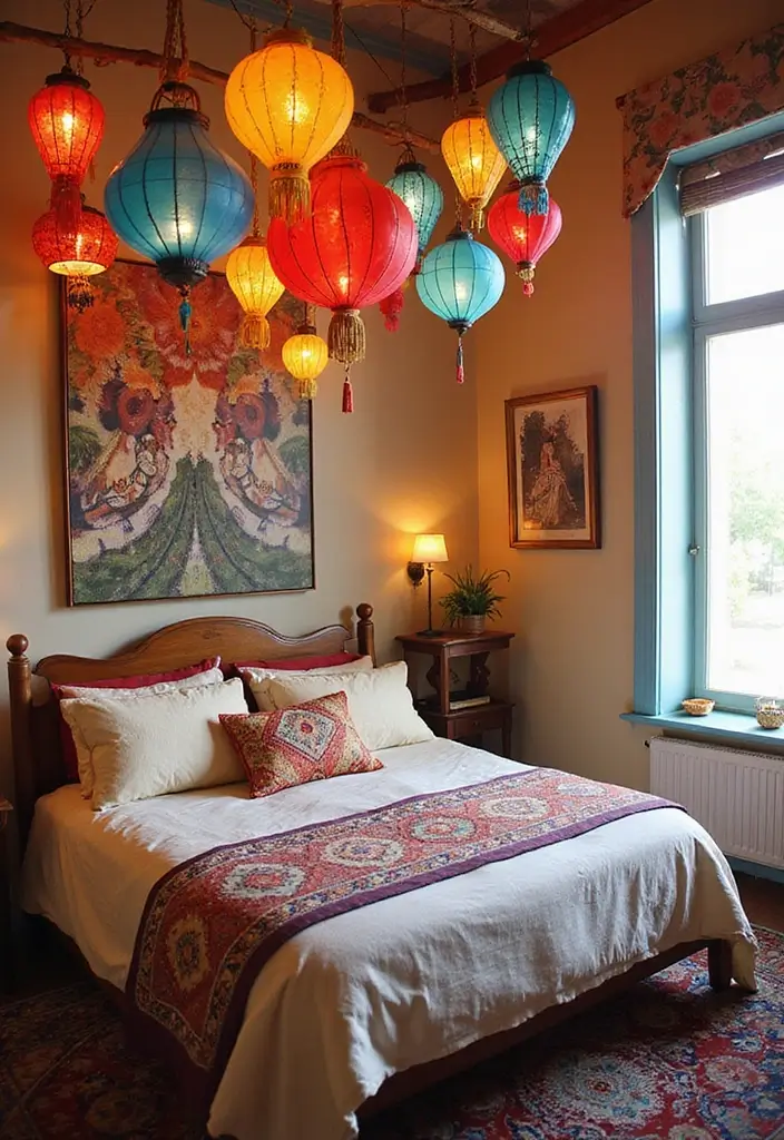 27 Hanging Lights in Bedroom Ideas That Add a Dreamy Glow - 4. Colorful Lanterns