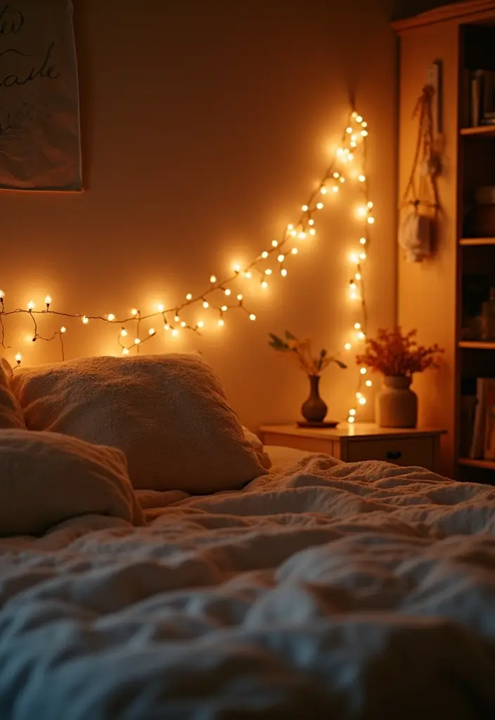 27 Hanging Lights in Bedroom Ideas That Add a Dreamy Glow - 7. String Lights for Whimsy
