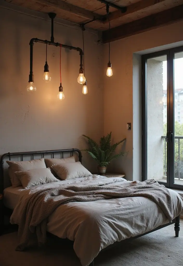 27 Hanging Lights in Bedroom Ideas That Add a Dreamy Glow - 9. Industrial Pipe Lights