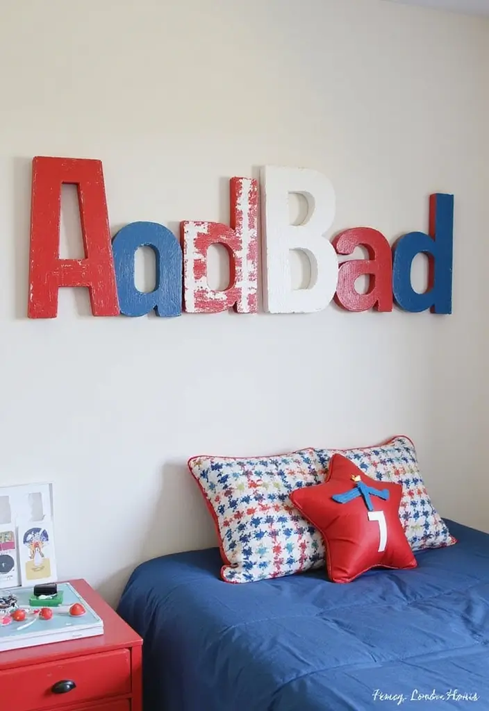 27 Red White and Blue Bedroom Ideas That Look Bold and Patriotic - 17. Personalized Name Decor
