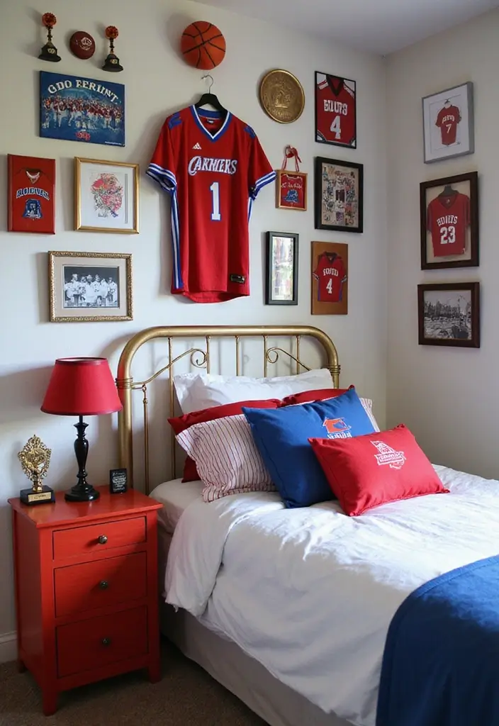 27 Red White and Blue Bedroom Ideas That Look Bold and Patriotic - 20. Sports-Themed Decor