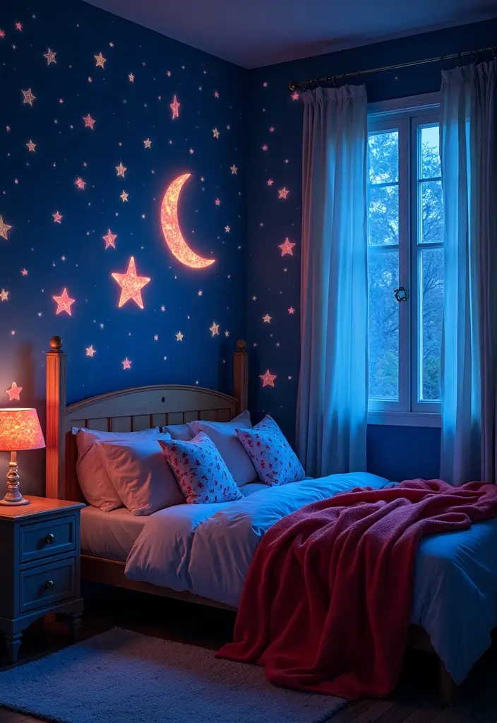 27 Red White and Blue Bedroom Ideas That Look Bold and Patriotic - 26. Fun Starry Night Decor