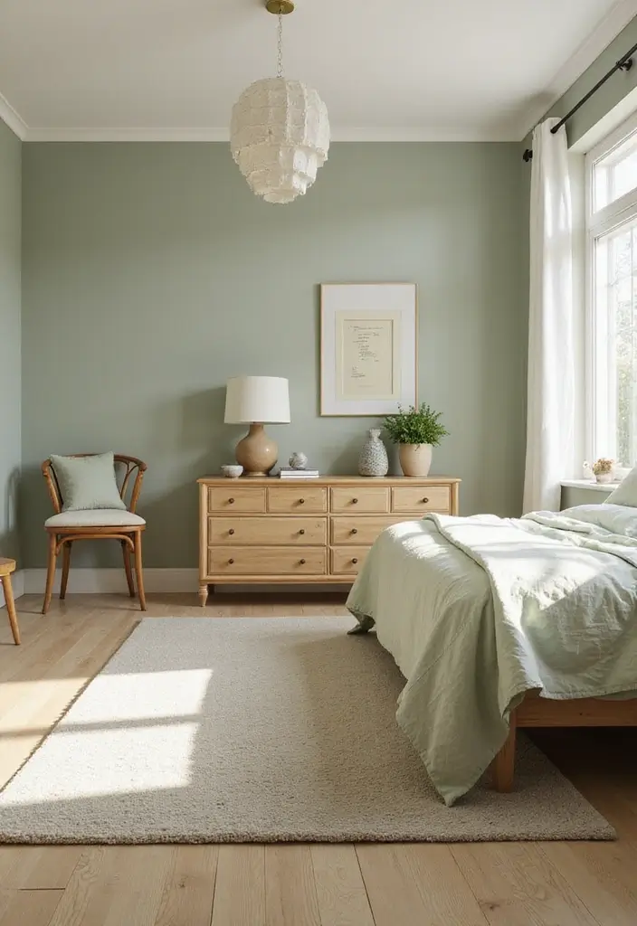 27 Sage Green and White Bedroom Ideas That Feel Fresh and Bright - 11. Mixing Sage Green with Light Wood
