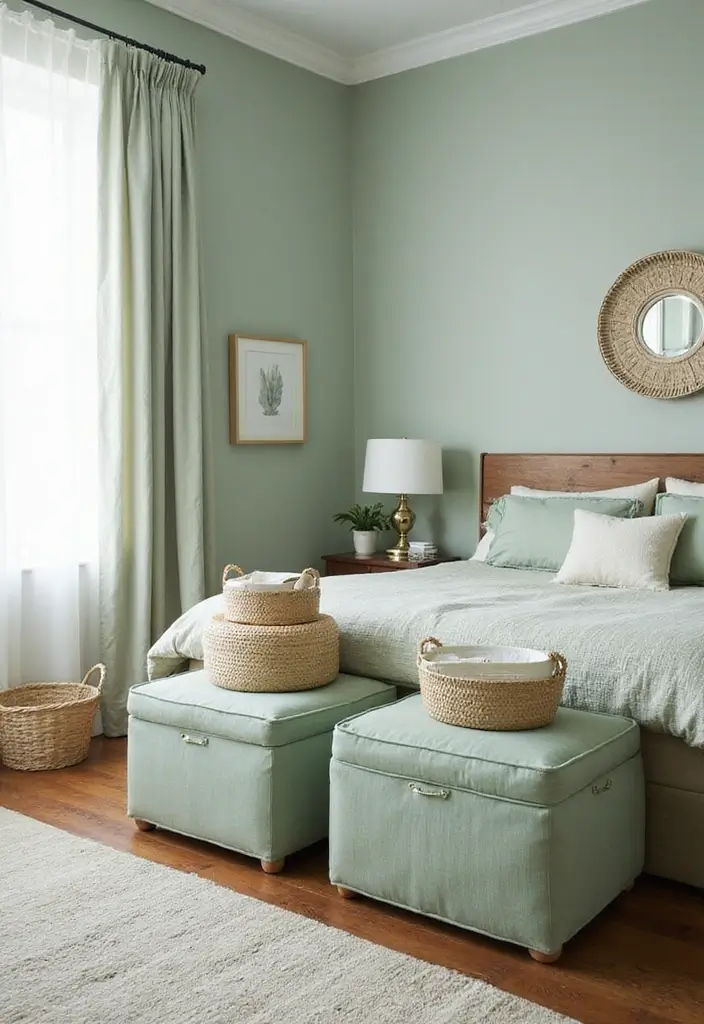 27 Sage Green and White Bedroom Ideas That Feel Fresh and Bright - 12. Stylish Sage Green Storage Solutions