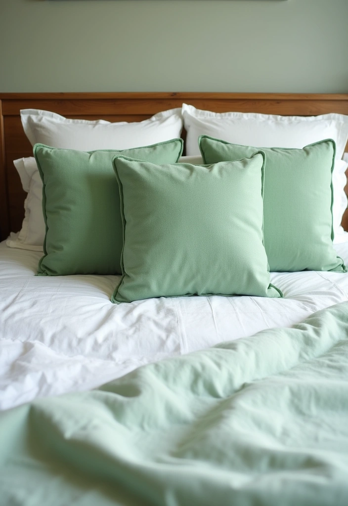 27 Sage Green and White Bedroom Ideas That Feel Fresh and Bright - 14. Bright Sage Green Accent Pillows