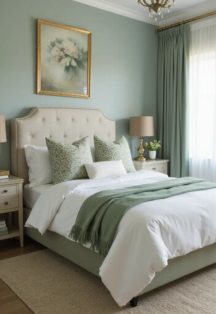 27 Sage Green and White Bedroom Ideas That Feel Fresh and Bright - 17. Combining Sage Green with Metallic Accents