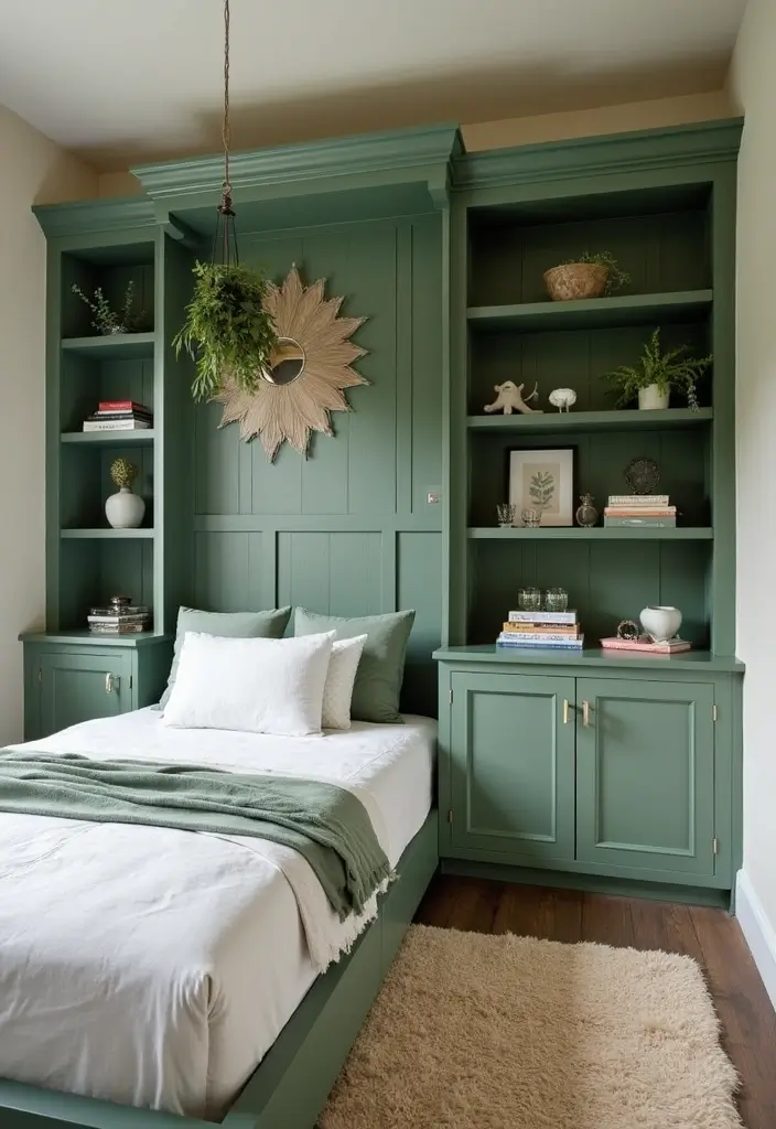 27 Sage Green and White Bedroom Ideas That Feel Fresh and Bright - 18. Sage Green Built-In Shelves