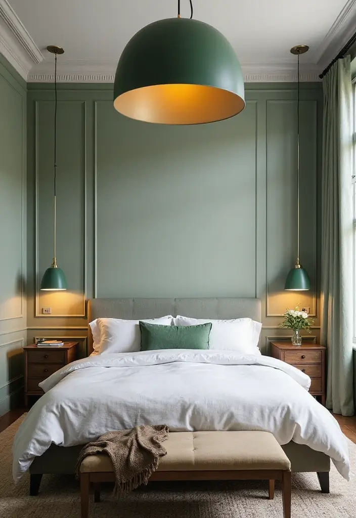 27 Sage Green and White Bedroom Ideas That Feel Fresh and Bright - 19. Statement Light Fixtures in Sage Green