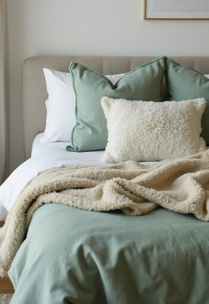 27 Sage Green and White Bedroom Ideas That Feel Fresh and Bright - 2. Sage Green Bedding Layers