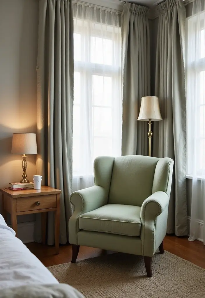 27 Sage Green and White Bedroom Ideas That Feel Fresh and Bright - 20. Relaxing Reading Nook