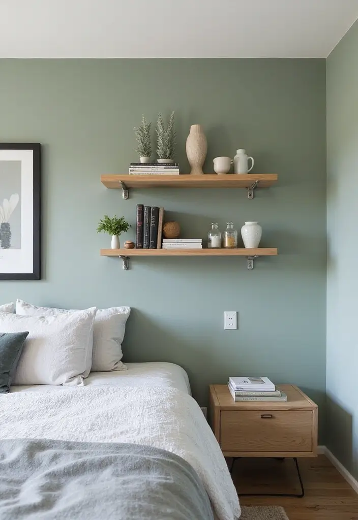 27 Sage Green and White Bedroom Ideas That Feel Fresh and Bright - 21. Sage Green Floating Shelves