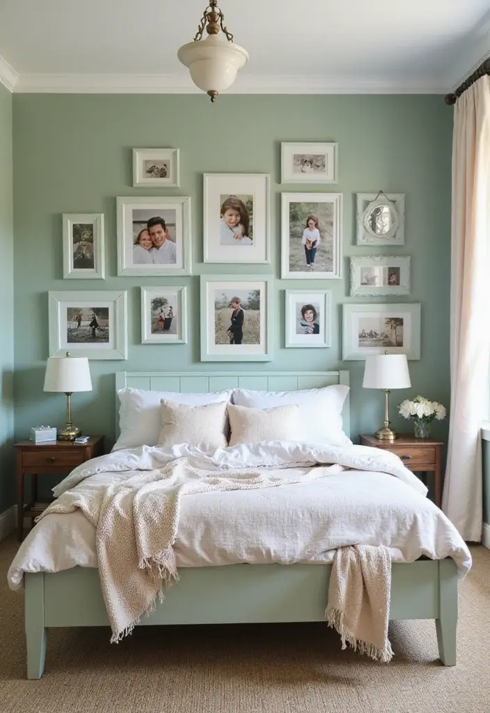 27 Sage Green and White Bedroom Ideas That Feel Fresh and Bright - 22. Sage Green Picture Frames