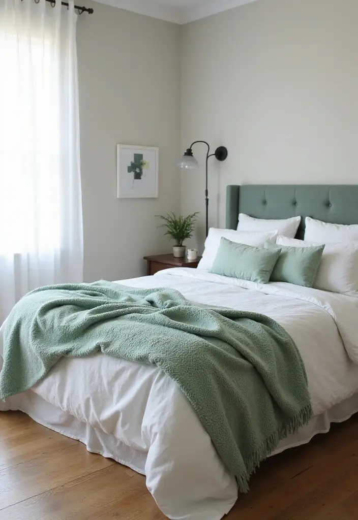 27 Sage Green and White Bedroom Ideas That Feel Fresh and Bright - 24. Sage Green Throw Blankets