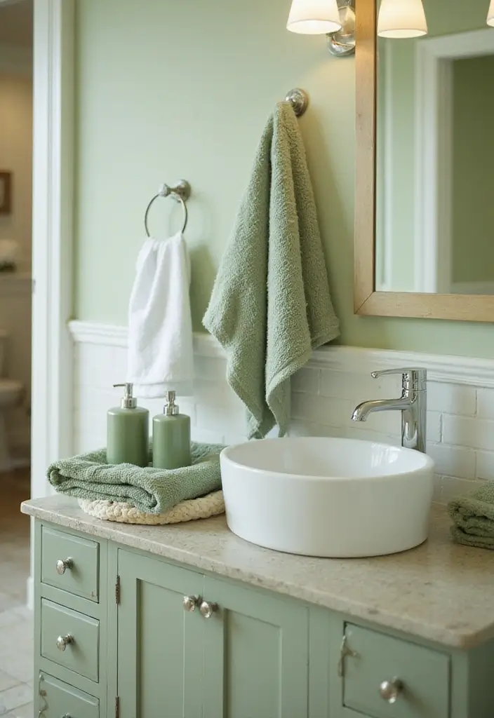 27 Sage Green and White Bedroom Ideas That Feel Fresh and Bright - 25. Sage Green Bathroom Accessories